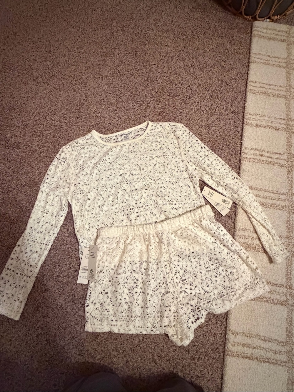 No Boundaries Cream crochet Long-Sleeve Top and Shorts Set